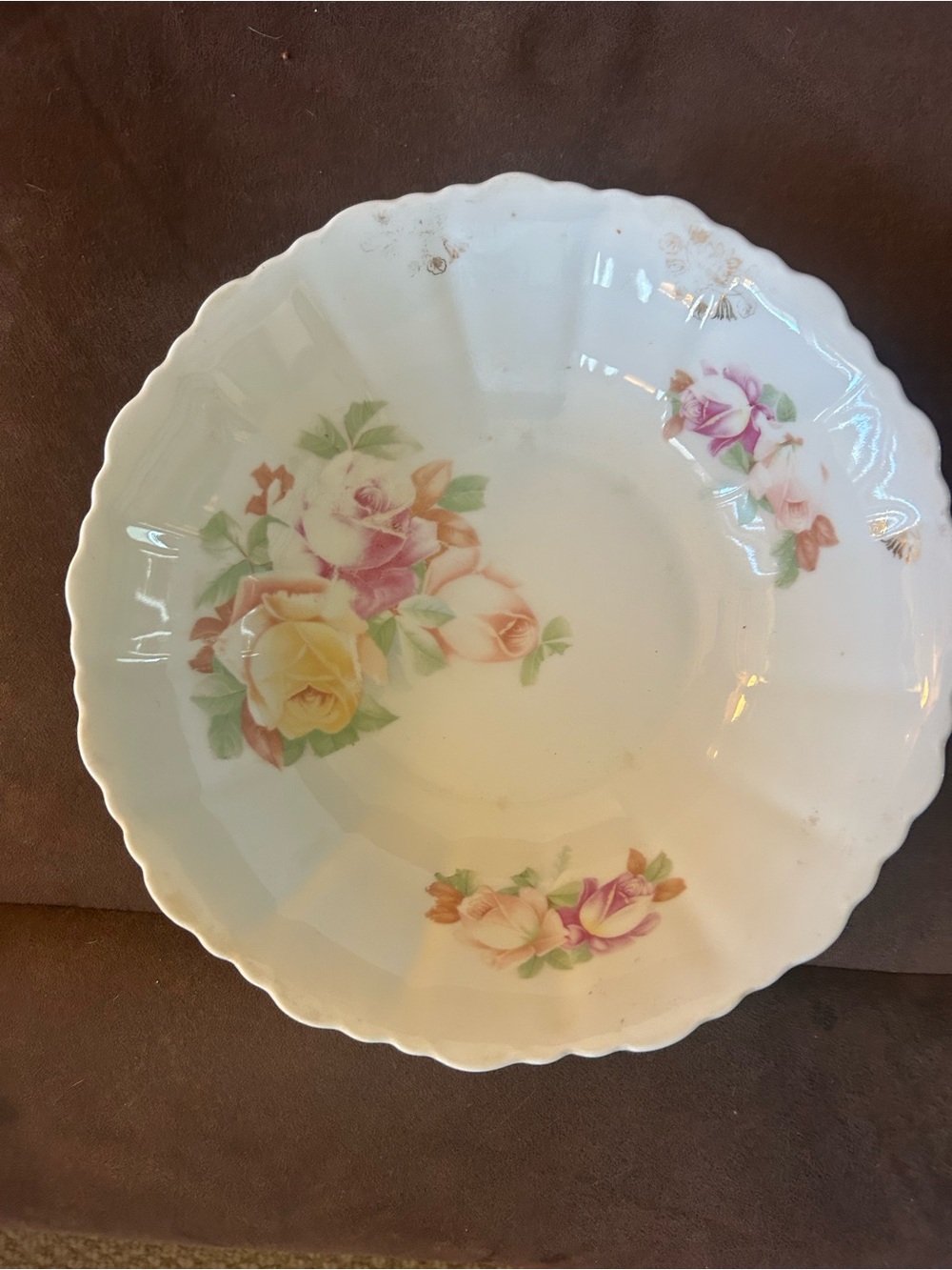Vintage Floral Porcelain Serving Bowl - White with Pink & Yellow Roses